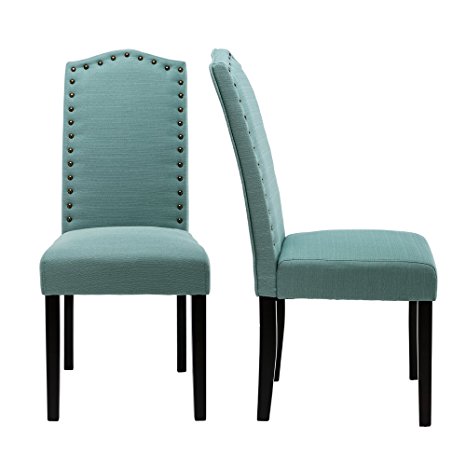 LSSBOUGHT Set of 2 Luxurious Fabric Dining Chairs with Copper Nails and Solid Wood Legs (Green)