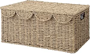 StorageWorks Scalloped Edge Wicker Basket with lid, Wicker Storage Basket with Built-in Handles, Handwoven Basket for Décor, Natural Seagrass Wicker Basket for Shelves, Nursery Room