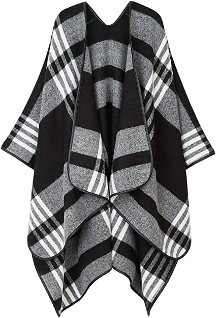 Puli Women's Plaid Shawl Wrap Tartan Blanket Scarf Open Front Poncho Capes with Tassels, Green
