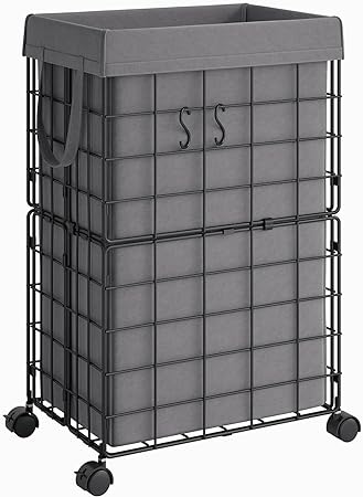 ELYKEN Rolling Laundry Hamper on Wheels, Durable Metal Wire Frame with Removable 70L/18.8Gal Capacity Inner Bag, Heavy Duty Laundry Basket with Washable Liner Bag for Bathroom, Grey