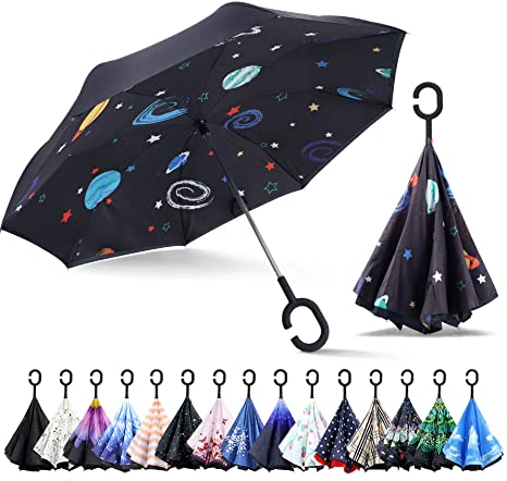 ZOMAKE Double Layer Inverted Umbrellas for Women, Reverse Folding Umbrella Windproof UV Protection Big Straight Umbrella for Car Rain Outdoor with C-Shaped Handle