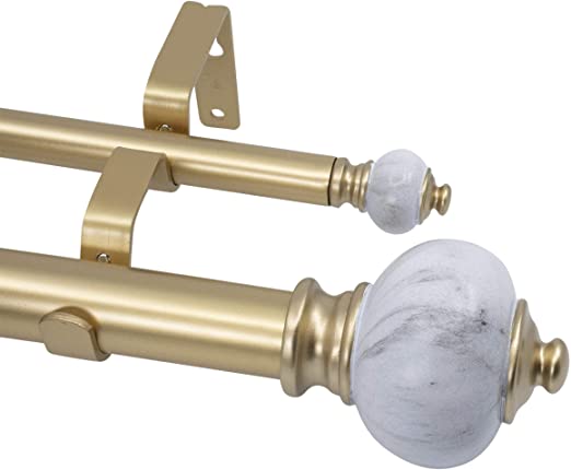 MERIVILLE 1-Inch Diameter Double Window Treatment Curtain Rod, Marble Urn Finial, 28-inch to 48-inch Adjustable, Royal Gold