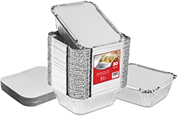50 Pack Disposable Takeout Containers with Foil Lids – 1 Lb Capacity Aluminum Foil To Go Food Containers – Secure Lid to Lock in Freshness – Eco Friendly Recyclable Aluminum Pans – 4” Inch Drip Pans