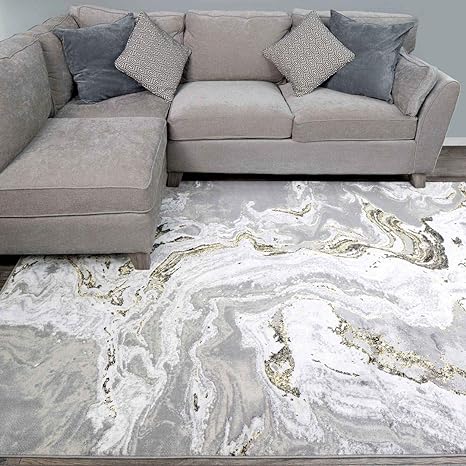 Modern Designer Silver Grey Gold Marble Effect Big Area Rug Plush Anti Shed Lounge Living Room Carpet Rugs 160cm x 230cm