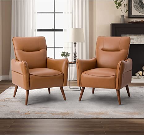 HULALA HOME Modern Faux Leather Armchairs Set of 2 with Tapered Wooden Legs, Comfy Upholstered Accent Chairs for Living Room Bedroom Office, Camel