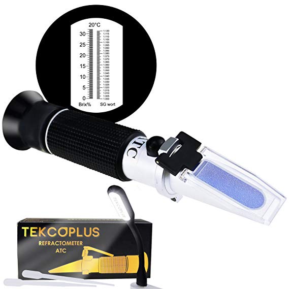 Brix Beer Wort & Wine Refractometer ATC Dual Scale, Specific Gravity 1.000-1.120 & Brix 0-32%, for Wine Making and Beer Brewing, fruit juice, hops sugar, Homebrew Kit, w/ EXTRA LED light & pipettes