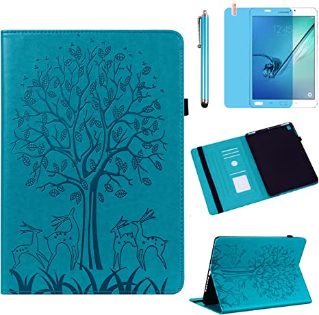 Case for Samsung Galaxy Tab S2 9.7 inch 2015 (SM-T810 T813 T815 T817 T818 T819), PU Leather Soft Silicone Back Cover Card Holder Stand Case, with Stylus Pen,Screen Film (Tree Blue)