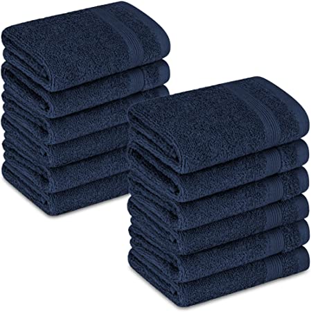 Adobella 12 Luxury Washcloths, 100% Cotton, Super Soft, Absorbent and Quick Drying, Baby and Body Wash Clothes, 13 x 13 inches, Small Fingertip Face Towel for Bathroom, Navy Blue (Pack of 12)