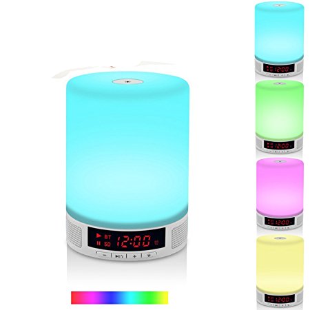 Portable Bluetooth Speaker LED Lamp，Fwheel 7 Different Colors Table Lamp, Alarm Clock, Hands-Free Speakerphone with Mic, Support TF Card for Smartphones and All Bluetooth Audio Devices