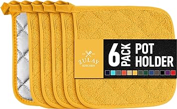 Zulay 6-Pack Pot Holders for Kitchen Heat Resistant Cotton - 7x7 Inch Hot Pot Holder Set - Quilted Terry Cloth Potholders for Kitchens - Washable Potholder for Cooking & Baking (Sunny Yellow)
