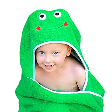 Frog Face Hooded Kid Towel (Green), 27.5” x 49”, Plush and Absorbent Luxury Bath Towel! 600 GSM, 100% Cotton