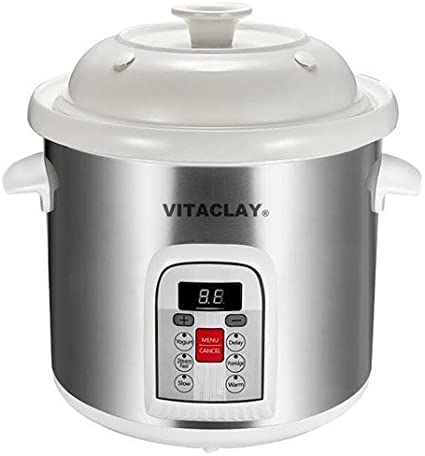 Vitaclay VM7800-5S Smart Stoneware Multi-Crocks N' Stock Pot, 6.5 quart, Stainless Steel/White