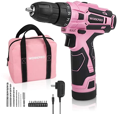 WORKPRO Pink Cordless Drill Driver Set, 12V Electric Screwdriver Driver Tool Kit for Women, 3/8" Keyless Chuck, Charger and Storage Bag Included