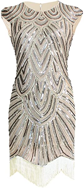 VIJIV Art Deco Great Gatsby Inspired Tassel Beaded 1920s Flapper Dress