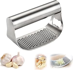 2024 New Stainless Steel Garlic Presser, Garlic Press Rocker Garlic Mincer,Garlic Crusher with Peeler and Cleaning Brush, Manual Garlic Chopper for Smash Garlic Kitchen Tools, Standard