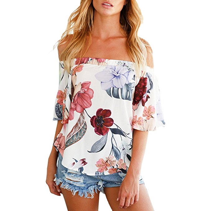 Women Casual Print Off Shoulder Flare Sleeve Top Loose Blouse