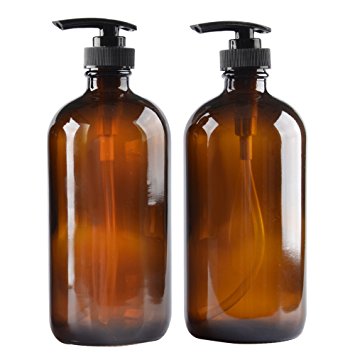 Two Amber Glass Bottle Bottles with Plastic Pump. Eco-friendly 8oz 8 oz Refillable Bottle for Cooking Sauces,Essential Oils,Lotions,Liquid Soaps or Organic Beauty Products(Two Chalkboard Labels free)