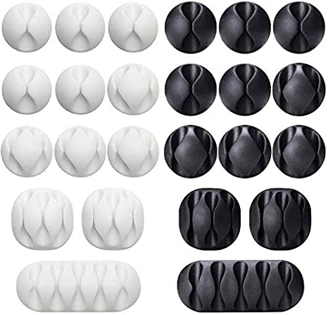 24 Pieces Black&White Cable Clips, Viaky Strong 3M Adhesive Desk Wire Management Cable Organizer Wire Holder, Multipurpose Cord Clamps for Cell Phone Chargers/Power Wires/Charging Cables/USB Cords/Audio Cables/Headphones