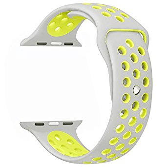 Yearscase 42MM Soft Silicone Sport Replacement Band with Ventilation Holes for Apple Watch Nike  and Apple Watch Series 1 2, M/L Size ( Gray / Volt Yellow )