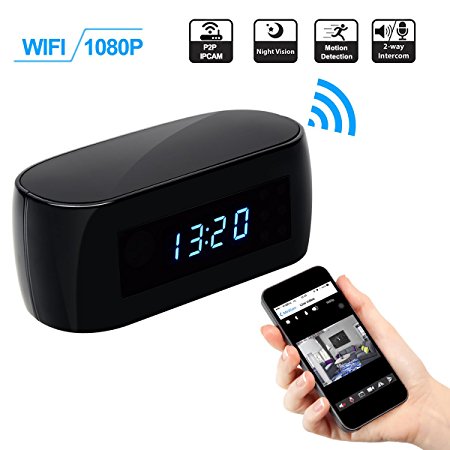 WIFI Hidden Clock Camera, KAMRE HD 1080P Nanny Cam Wireless IPCAM Motion Activated Spy Security Camera with Night Vision Support IOS/Android PC Remote Real-time View and Two-Way Intercom