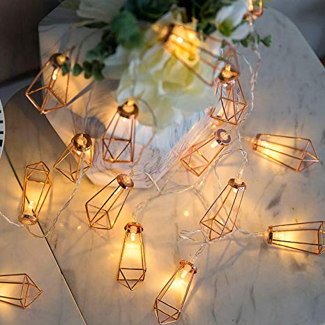 Samyoung Diamond String Lights 10 LED 5.7ft Geometric String Lights Warm White, Rose Gold Metal Lamps Decor for Indoor Party Wedding Bedroom Garden Xmas Lights Decor