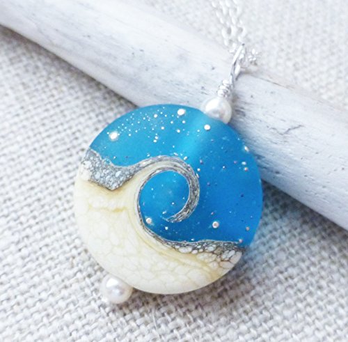 Small Ocean Wave Necklace, Aqua Blue Nautical Wave Lampwork Pendant, Blue White Wave Bead
