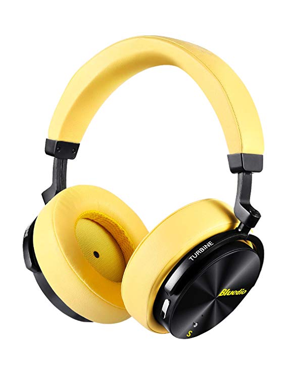 Bluedio T5S (Turbine) Bluetooth Headphones,Active Noise Cancelling Wireless Headsets,Over-Ear Wireless Headphones with mic, 25 Hours Playtime Wireless and Wired for Computer, Phone and TV,Yellow