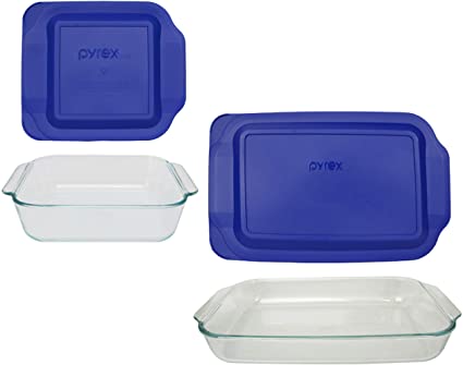 Pyrex Basics Clear Glass Baking Dishes, 1 (3 Quart) Oblong Dish and 1 (2 Quart) Square Dish with Blue Plastic Lids