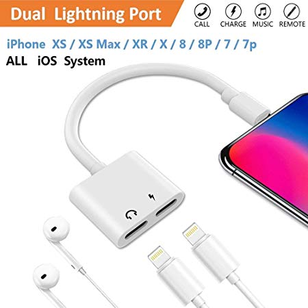 LYZZO Splitter Adapter 2-in-1 Headphone Adapter Audio and Charge Adapter for Compatible with iPhone X/8/8 Plus/7/7 Plus/XS/XR/MAX