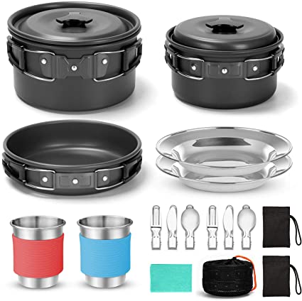 Odoland 15pcs Camping Cookware Mess Kit, Non-Stick Lightweight Pots Pan Set with Stainless Steel Cups Plates Forks Knives Spoons for Camping, Backpacking, Outdoor Cooking and Picnic