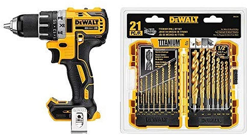 DEWALT 20V MAX XR Brushless Drill/Driver, Compact - Bare Tool (DCD791B) with DEWALT DW1361 Titanium Pilot Point Drill Bit Set, 21-Piece