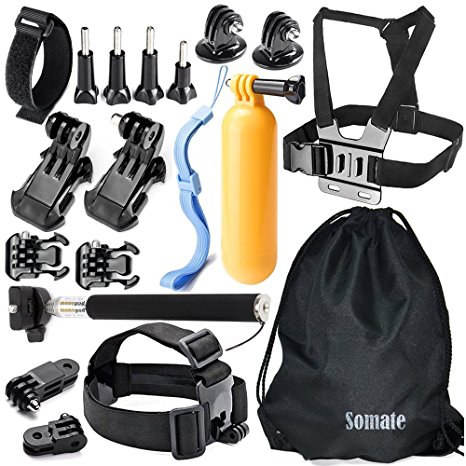 Somate 20-in-1 Outdoor Essential Accessory Kit Accessories Bundles Set for Gopro Hero 4 Hero 3  3 2 1 Silver Black Xiaomi Yi;SJCAM SJ4000 SJ5000 SJ6000 SJ7000