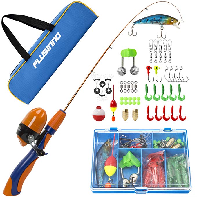 PLUSINNO Kids Fishing Pole,Portable Telescopic Fishing Rod and Reel Full Kits, Spincast Youth Fishing Pole Fishing Gear for Kids, Boys