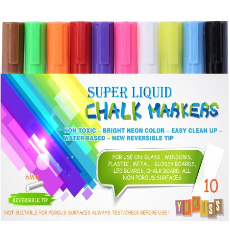 Chalk Markers -- Yukiss® Vibrant Liquid Chalk Pens: 10 Pack with 6mm Reversible Tip   4 Free Tips   8 Free Chalk Labels (Super Chalk, Your Best Choice of Chalk Pen and Liquid Chalk Markers)