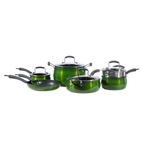 Epicurious Nonstick Aluminum Hard Anodized Stainless Steel Heavy Gauge Nonstick Induction Ready Dishwasher Safe Oven Safe Cookware Pots Pans Steamer Stock Pot, 11 Piece Green Set