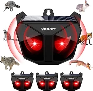 4 Pack Animal Deterrent Devices,Solar Powered Animal Repeller Outdoor with Red LED Strobe Lights, Night Guard Ultrasonic Pest Repeller for Cat, Racoon, Skunk, Squirrel, Deer,18kHz