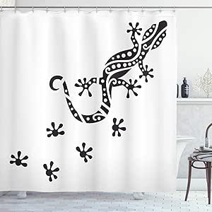 Ambesonne Gecko Shower Curtain, Monochrome Composition of a Lizard with Footprints Simplistic Exotic Wildlife, Cloth Fabric Bathroom Decor Set with Hooks, 69" W x 70" L, Black and White