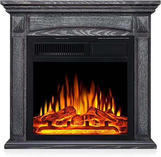 R.W.FLAME Electric Fireplace Mantel Wooden Surround Firebox - Freestanding Fireplace with Remote Control, Home Space Heather, Adjustable Led Flame, 750W/1500W, 25" Hx27 W, Gray