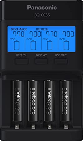 Panasonic K-KJ65K3A4BA Super Advanced 4-Position Quick Charger with LCD Indicator Panel, USB Charging Port and 4AA eneloop pro Rechargeable Batteries, Black