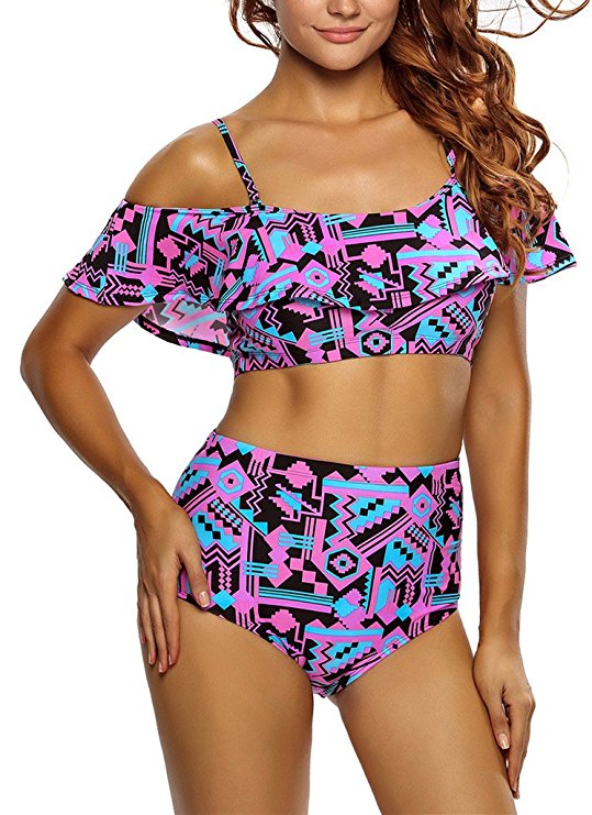 Sidefeel Women Ruffle Cold Off Shoulder Print 2 Piece Swimsuit Bikini Set