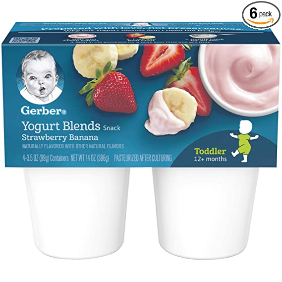 Gerber Yogurt Blends Snack, Strawberry Banana (4 Count of 3.5 Ounce Cups), Pack of 6