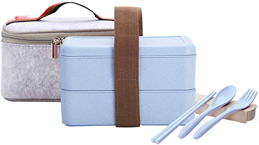 YBOBK HOME Japanese Bento Box Microwave Safe Lunch Box with Bag and Reusable Flatware Utensils Set Stackable Bento Lunch Box Plastic Wheat Straw Bento Box Dishwasher Safe for Adult Kid (2-Tier, Blue)