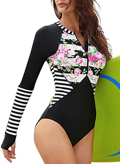 GLUDEAR Women Long Sleeve Floral Zip Front Rashguard One Piece Swimsuit Surfing