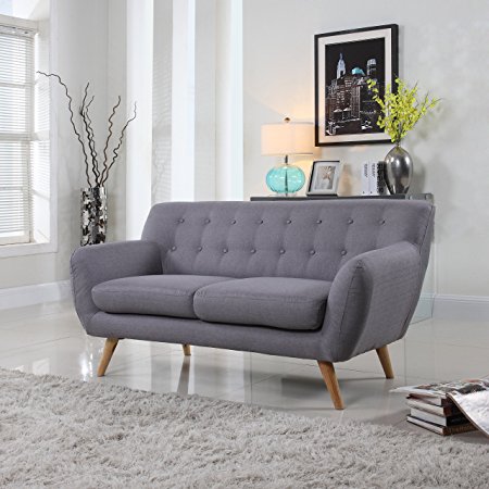 Mid-Century modern tufted linen fabric loveseat in various colors - polo blue, blue, light grey, yellow and red (Light Grey)