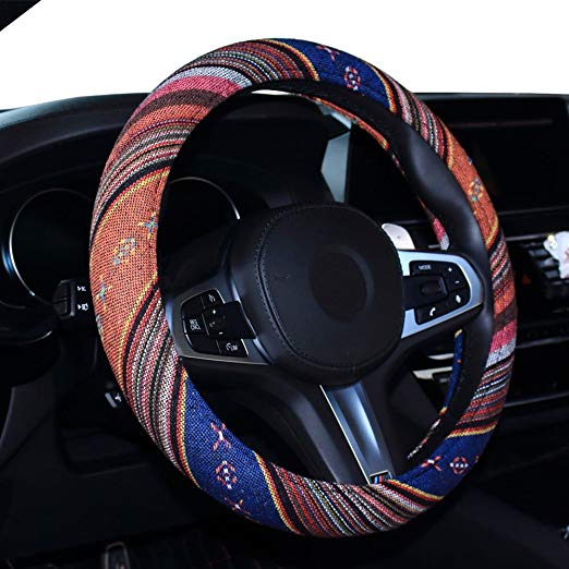 SHIAWASENA Car Steering Wheel Cover, Coarse Flax Cloth, Ethnic Style, Universal 15 Inch Fit, Anti-Slip Sweat-absorbent (1#)