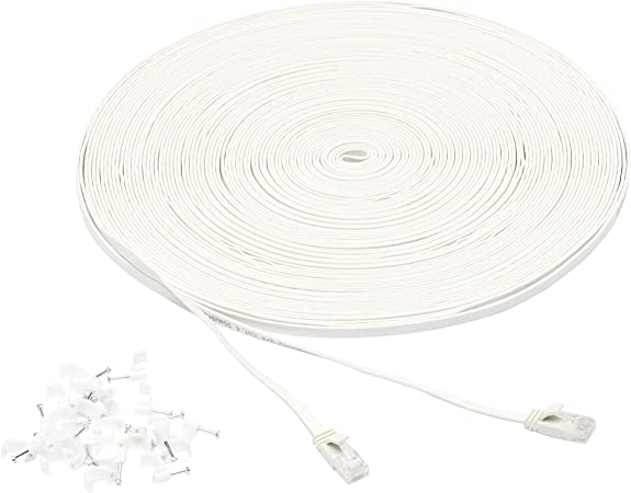 AmazonBasics Cat 6 Gigabit Ethernet Patch Internet Cable, Flat - 100FT, 1Pack, White - Include 25 Nails