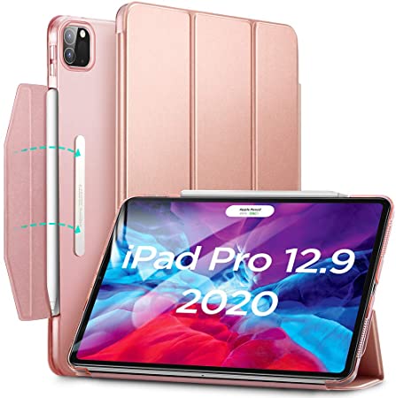 ESR Yippee Trifold Smart Case for iPad Pro 12.9 2020/2018, Lightweight Stand Case with Clasp, Auto Sleep/Wake [Supports Apple Pencil 2 Wireless Charging], Hard Back Cover for iPad Pro 12.9", Rose Gold