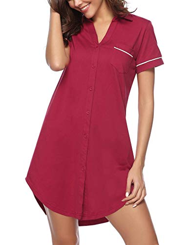 Hawiton Women V Neck Nightshirt Short Sleeve Nightgown Button Front Pajamas Dress Shirts