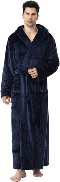 Artfasion Mens Robes Hoodie Flannel Shawl Collar Ankle Length Long Luxurious Housecoat
