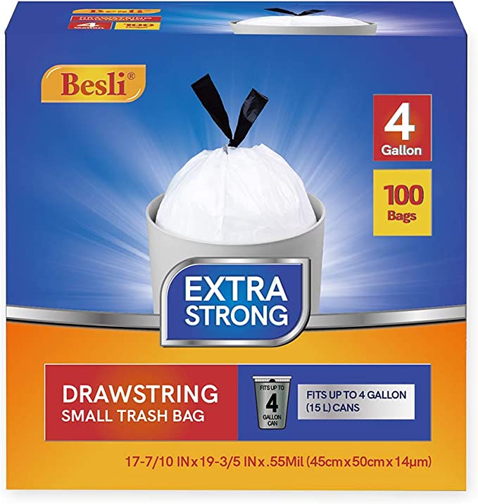 Besli 4 Gallon Drawstring Trash Bag Small Garbage Bag,100 Counts (White, 4 Gallon)